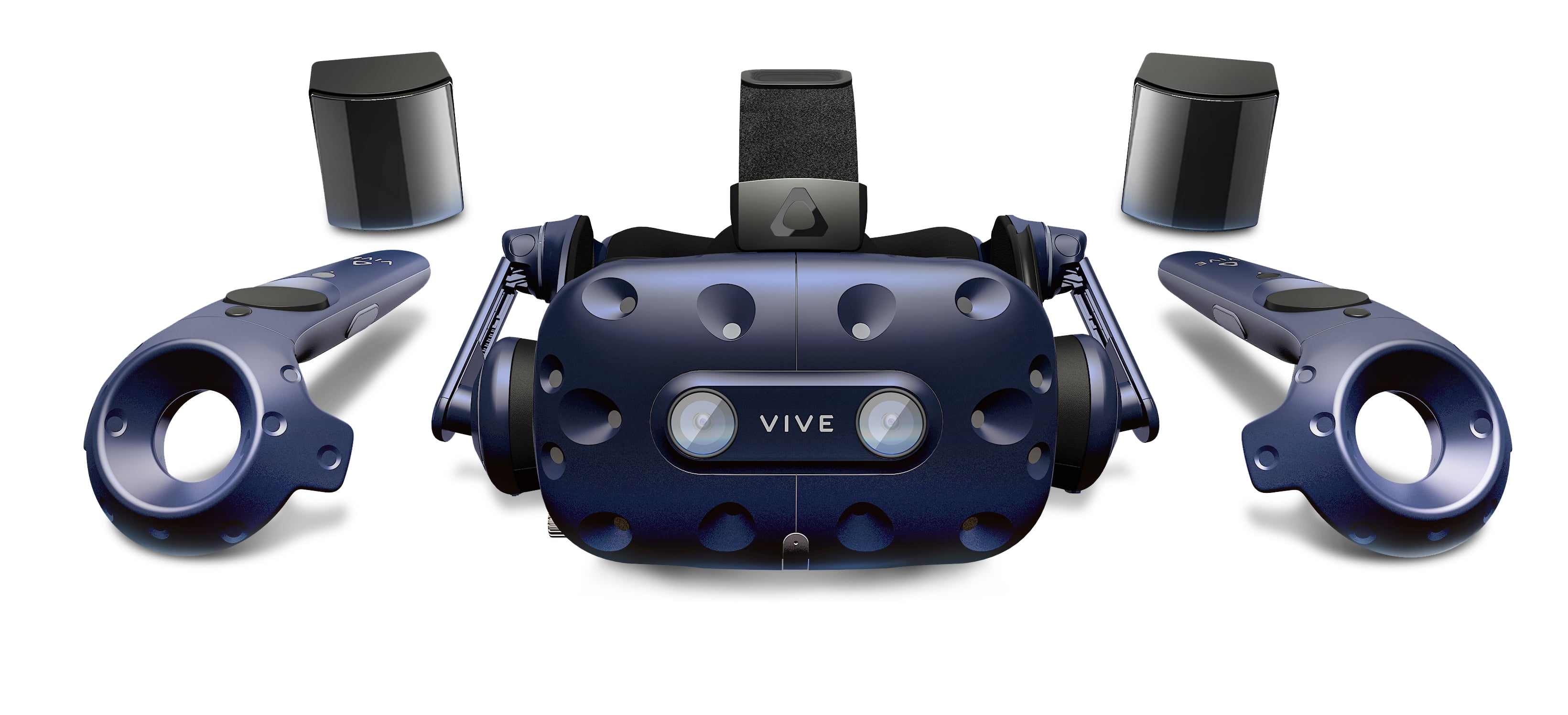 HTC Vive Pro headset, controllers, and lighthouses. 