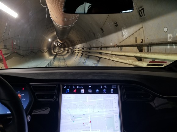 View from a Tesla Model X driving in a Boring Company tunnel