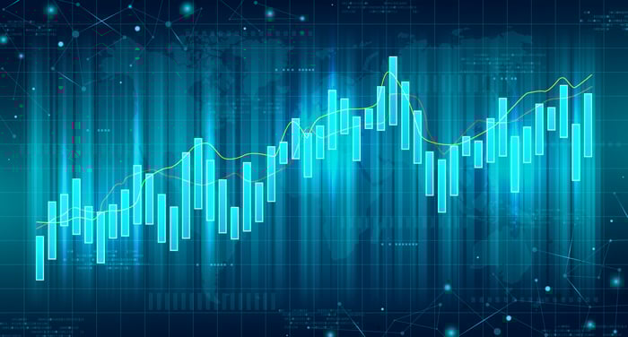 Rising candlestick bar chart in various shades of blue