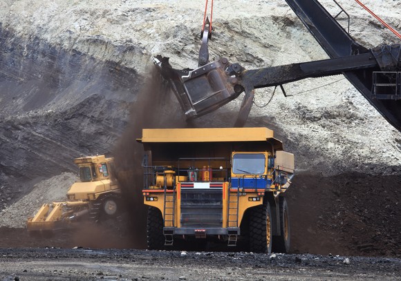 Mining excavator filling a dump truck.