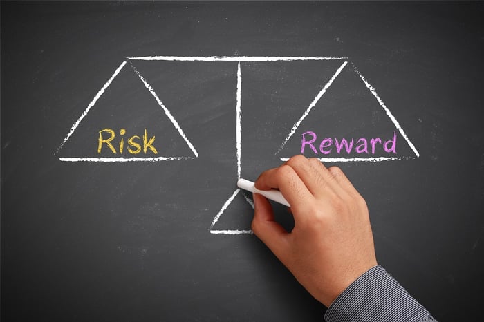 A hand drawing a scales on a chalkboard with risk written on one side and reward on the other. 