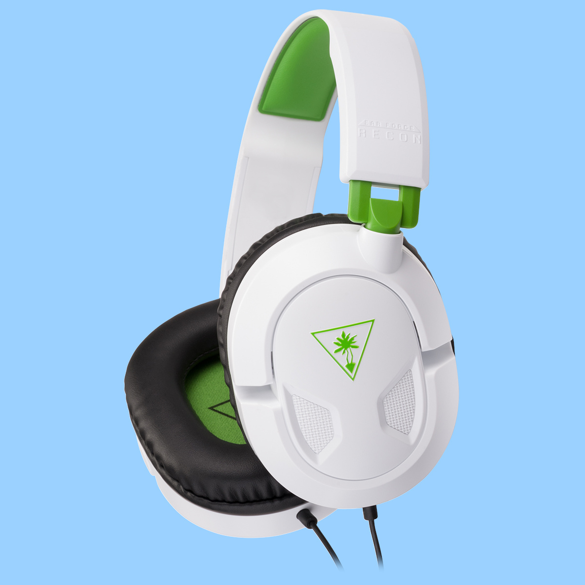 A white Turtle Beach Recon 50X headset with green accents.