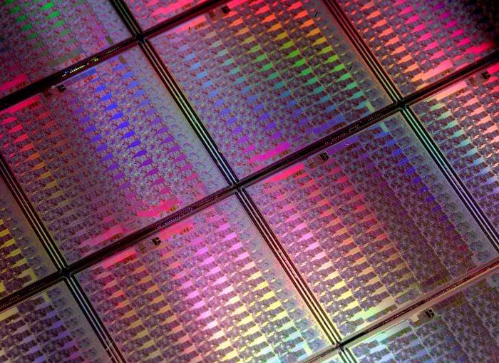 A wafer of uncut and unfinished semiconductor chips.