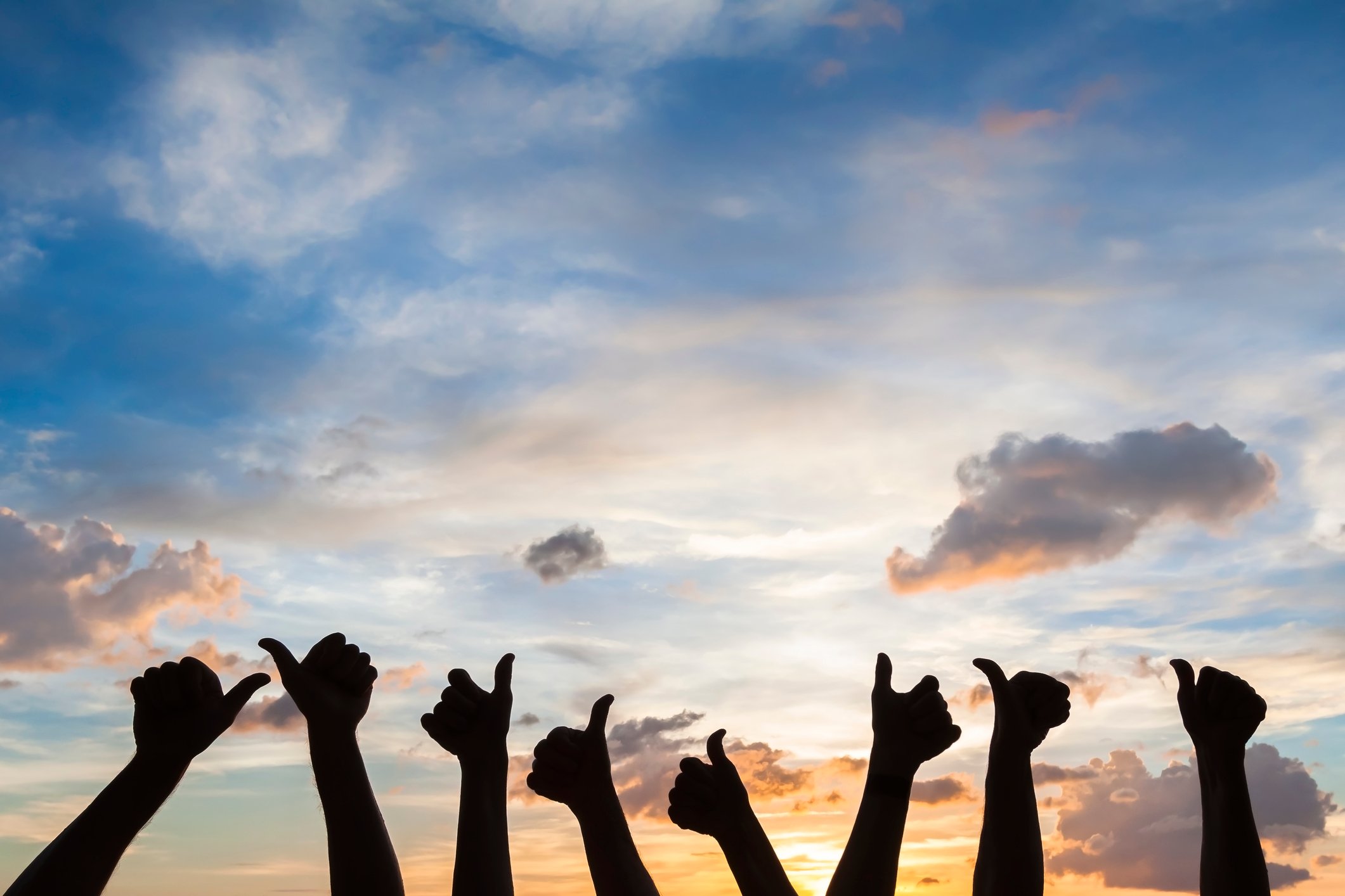 Silhouettes of eight outstretched hands giving thumbs-up signs against a colorful sunset.