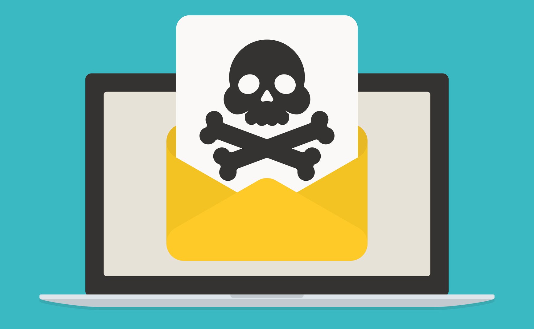 A laptop with an open envelope on the screen, with an image of a skull and crossbones emerging from it