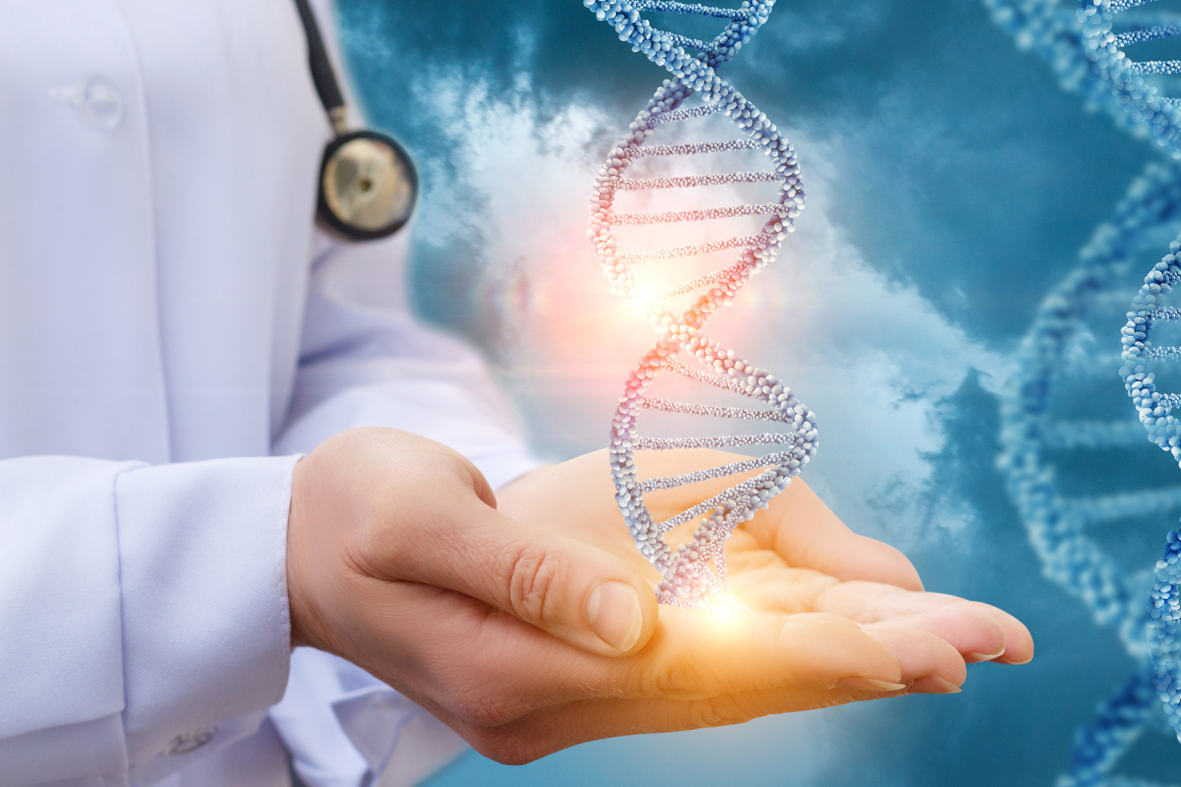Double helix of DNA floating over the hands of a doctor