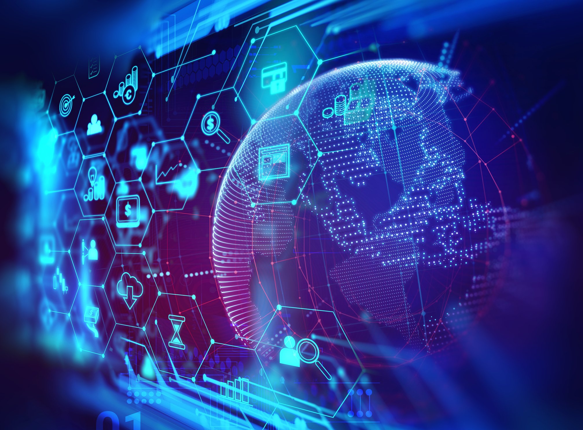 A digital globe overlaid with a variety of luminescent technology icons.