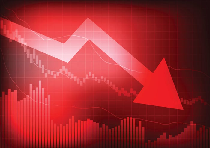 Red, downward arrow and stock graph.