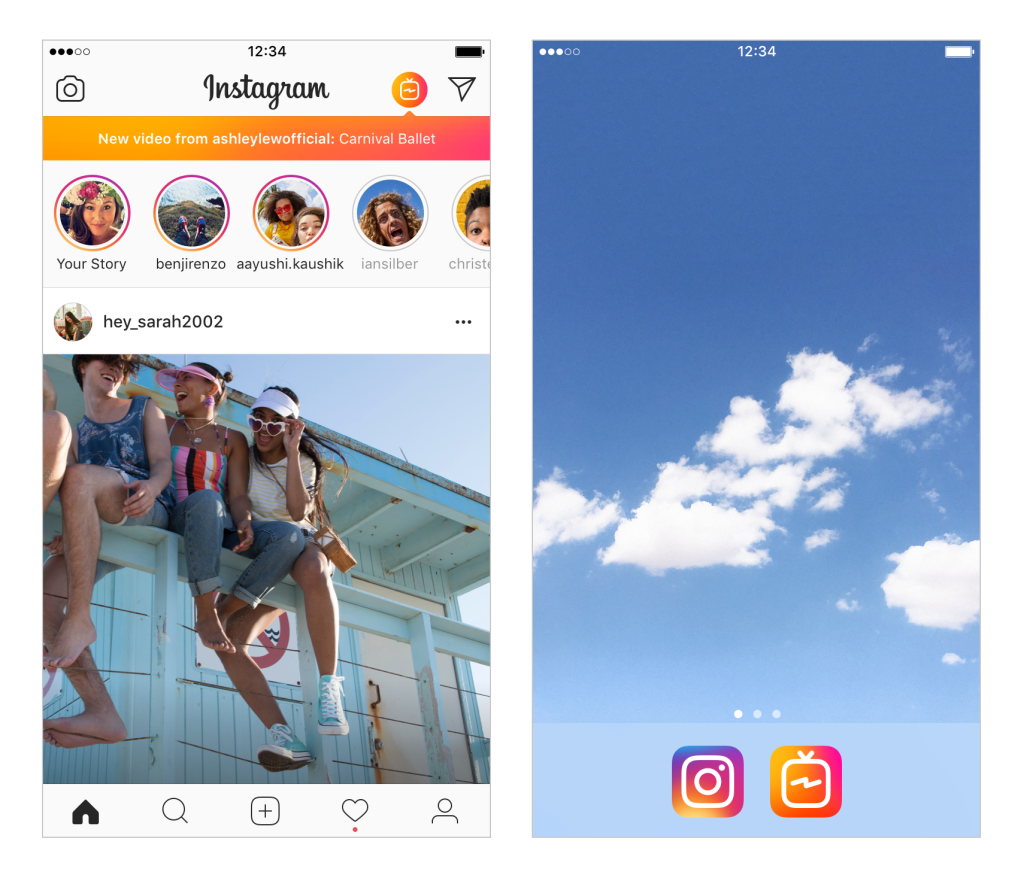 Screen shots of the Instagram app, one with three people smiling sitting on a fence, and another of fluffy clouds in a blue sky.