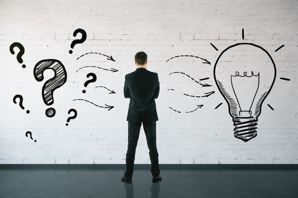 A man wearing a suit staring at a wall with question marks and a light bulb drawn on it.