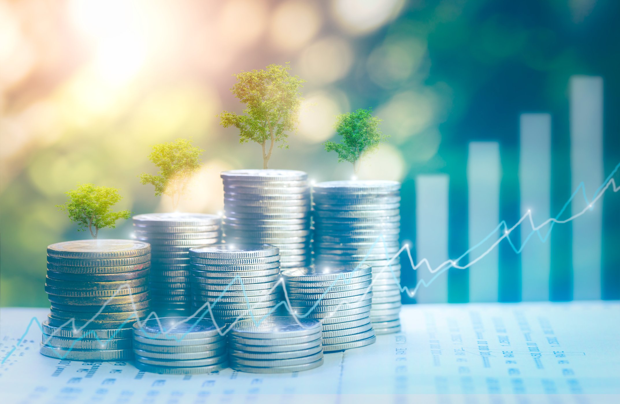 Stacks of coins in front of a bar chart with trees growing out of the four largest stacks.