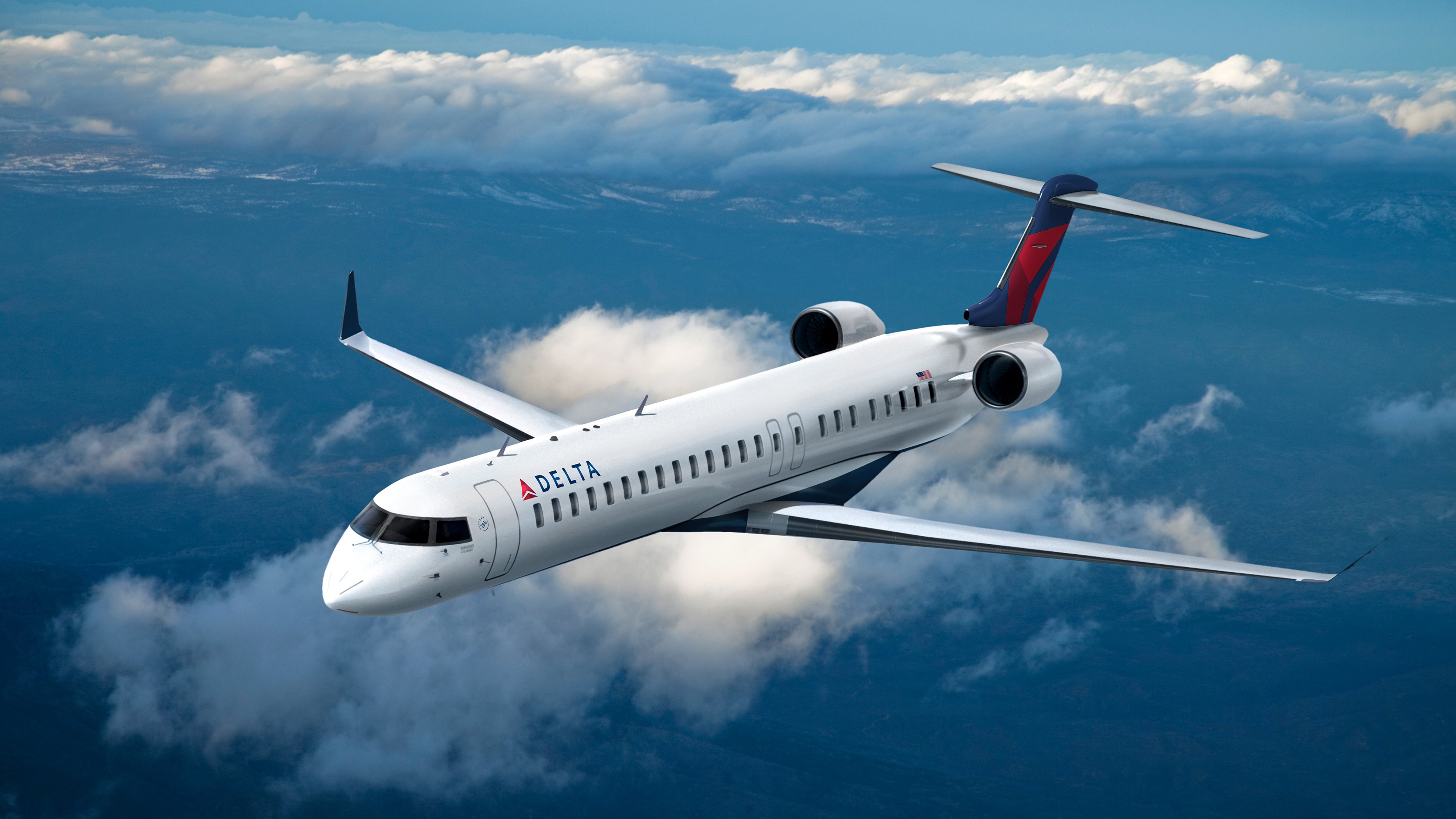 A rendering of a Bombardier CRJ900 in the Delta livery