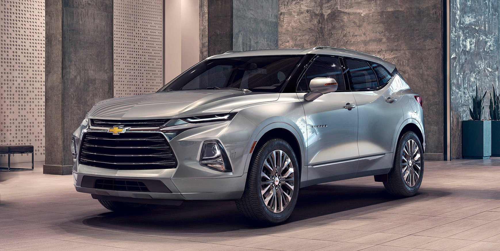 A silver 2019 Chevrolet Blazer, a midsize crossover SUV.