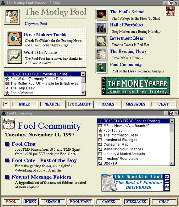 Picture of an outdated AOL site. Grey background, lots of text about news from years ago.