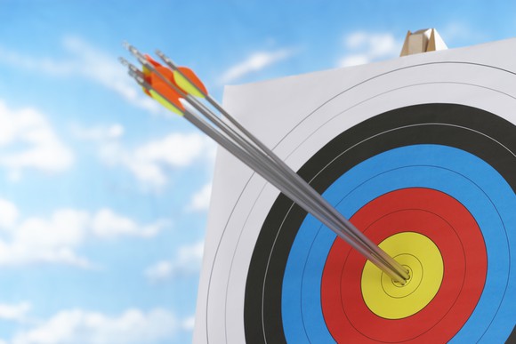 A target with arrows in the bulls eye.