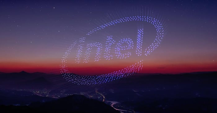 Drones making an Intel logo in the sky.