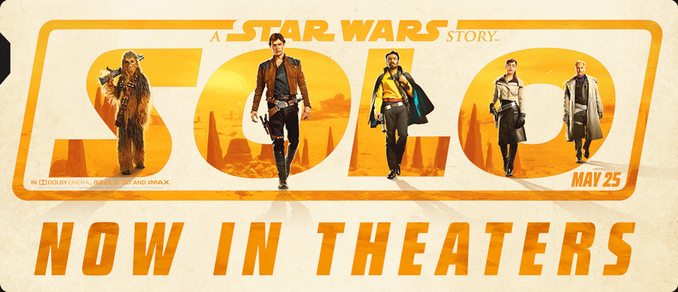 Part of a poster for Solo: A Star Wars Story, showing various characters over the logo