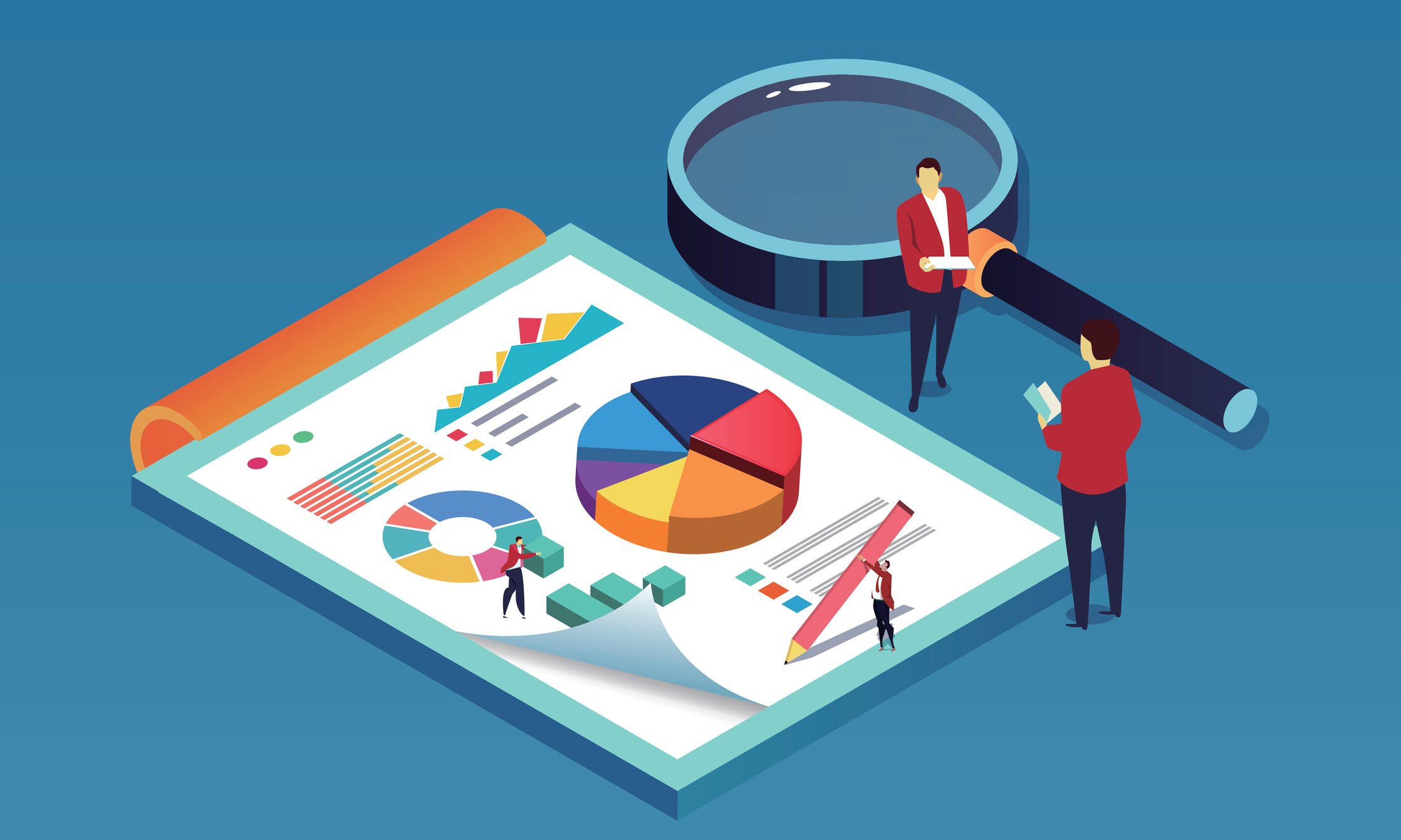 Cartoon of two men in suits standing next to lifesize versions of a magnifying glass and a page filled with charts.
