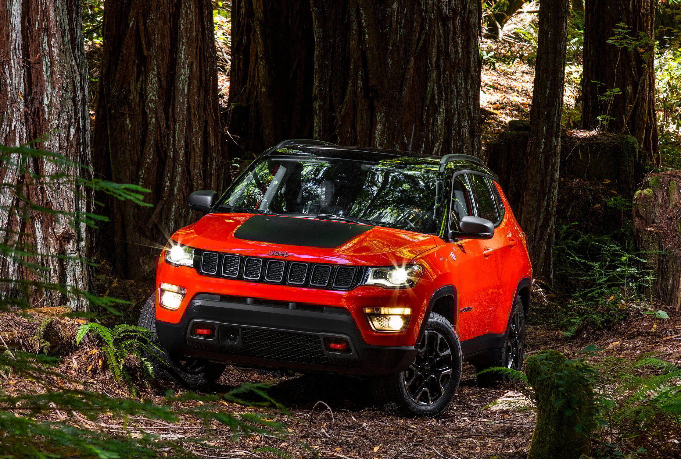 A red 2018 Jeep Compass Trailhawk, a small SUV, shown in the woods.