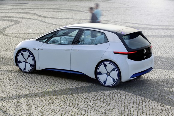 The Volkswagen I.D. concept vehicle, a sleek-looking white hatchback