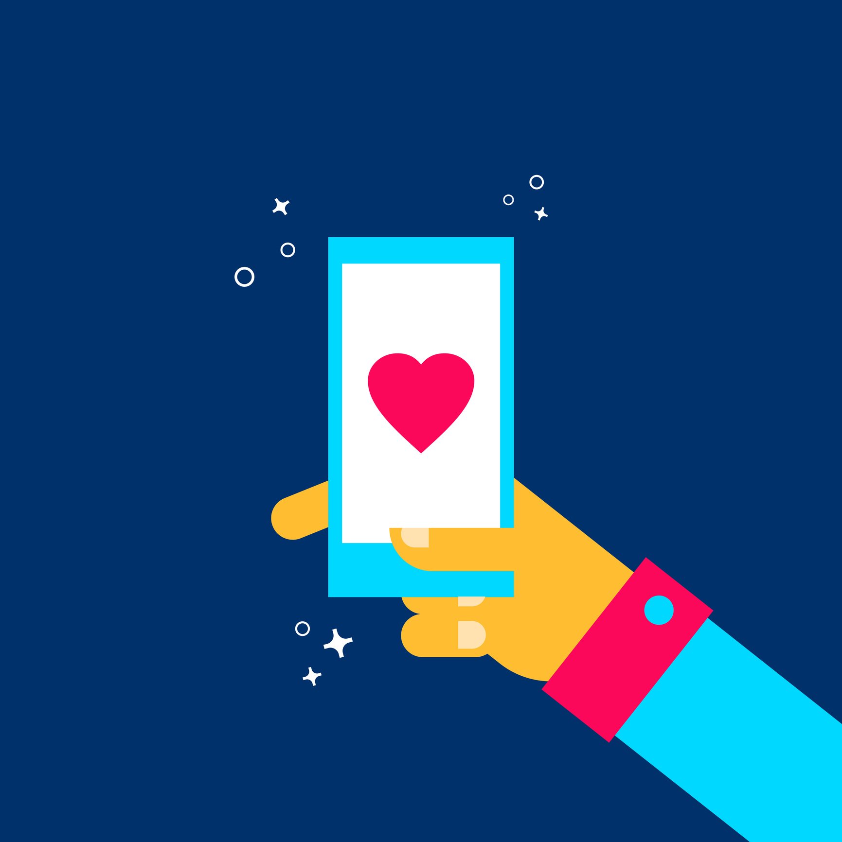 An illustration of a hand holding a mobile phone displaying a heart.