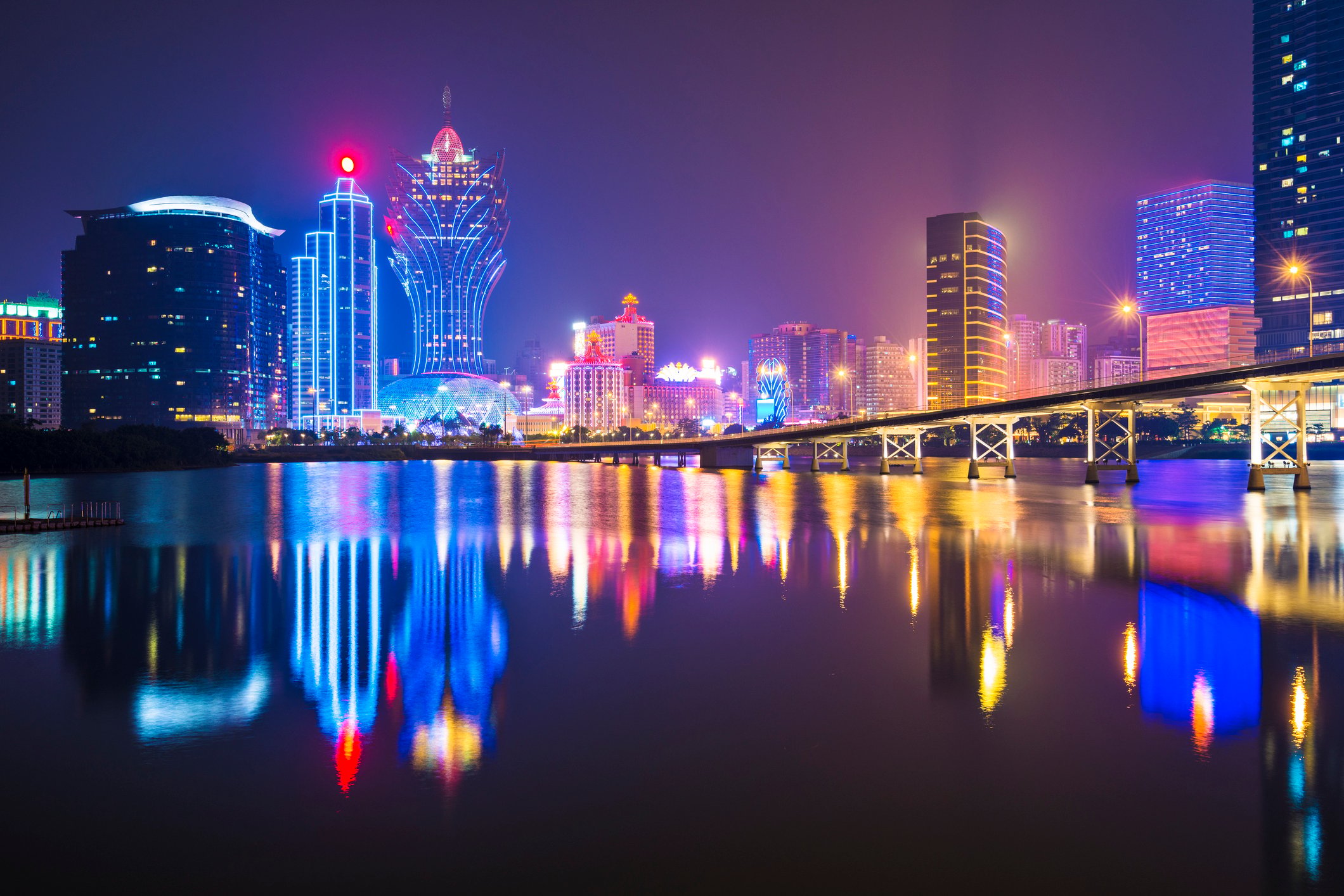 Macau's skyline from the water at night. 