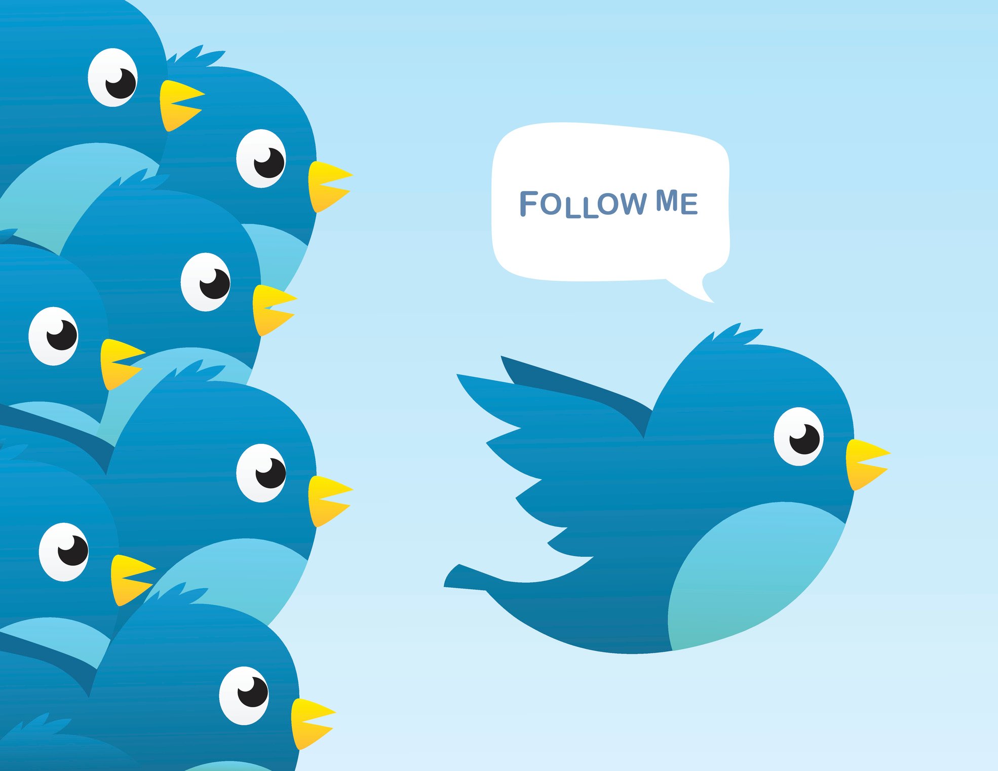A blue, cartoon bird saying follow me and being followed by other blue, cartoon birds.
