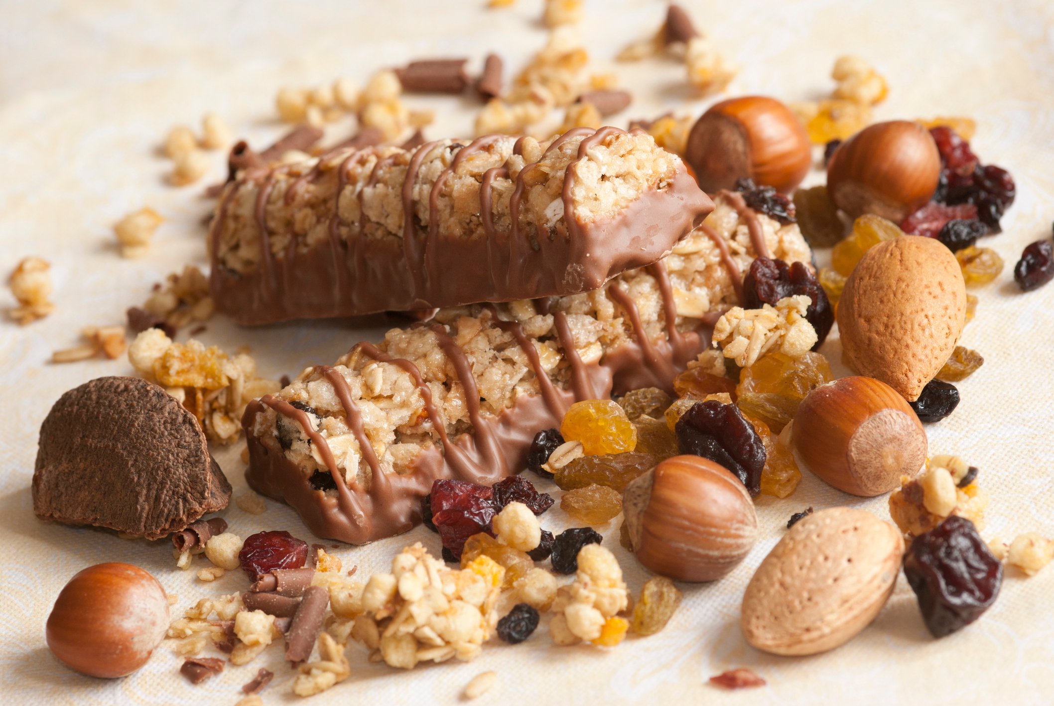 Two chocolate granola bars stacked.