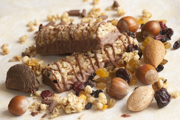 Two chocolate granola bars stacked.