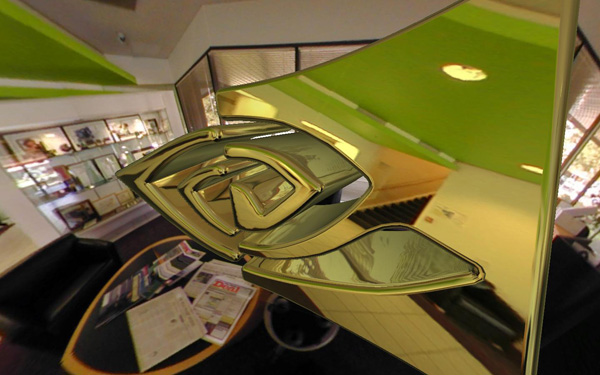 A metallic 3-D Nvidia logo in a lobby at the company's headquarters.