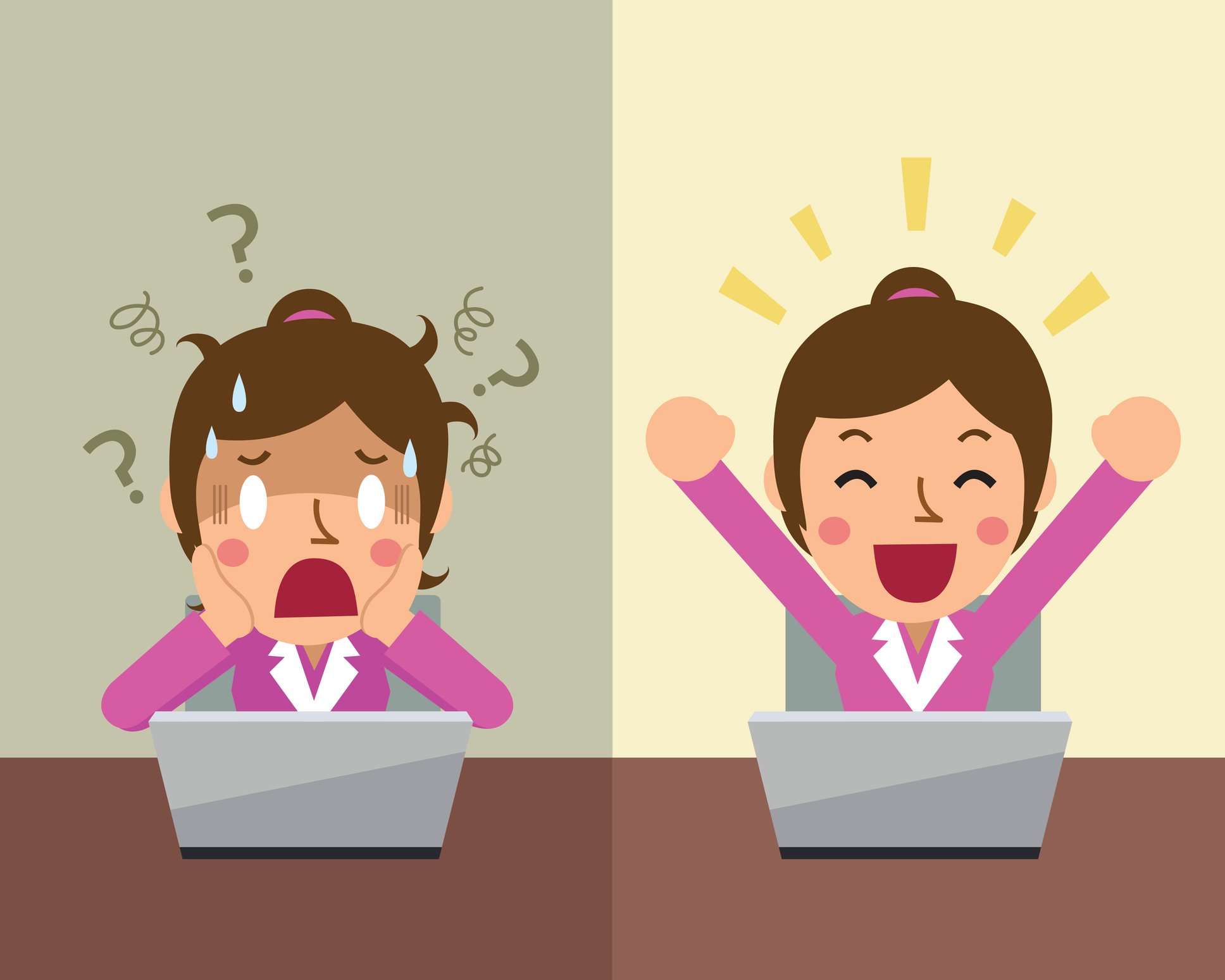 Cartoon businesswoman expressing different emotions