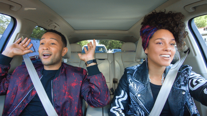 John Legend and Alicia Keys sing in a car as they participate in Apple's original show called "Carpool Karaoke: The Series"