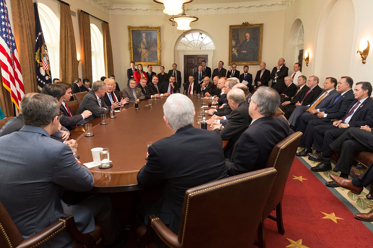 President Trump meeting with his cabinet and House Freedom Caucus members.