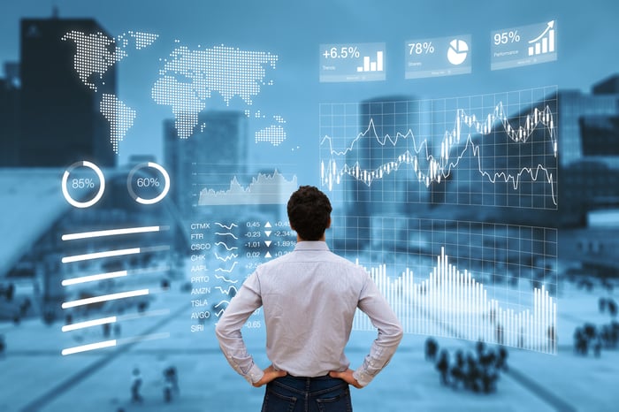 Man looking at a collage of stock graphs.