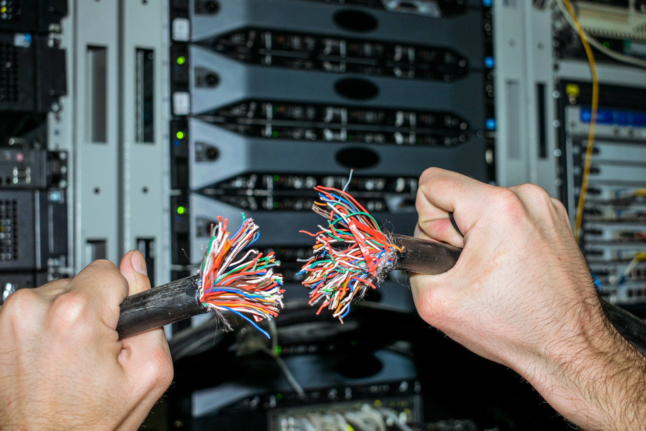 Engineer holding the ends of a cut-off network cable with many strands in front of a data center equipment rack.