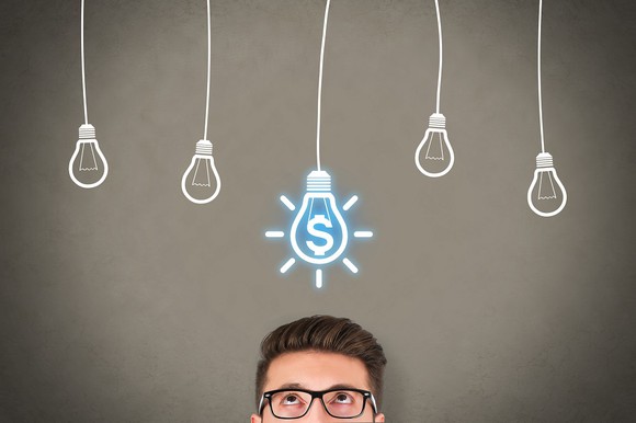 Man with glasses looking up at a chalkboard with five light bulbs drawn on it. The one in the middle has a dollar sign and looks lit up.