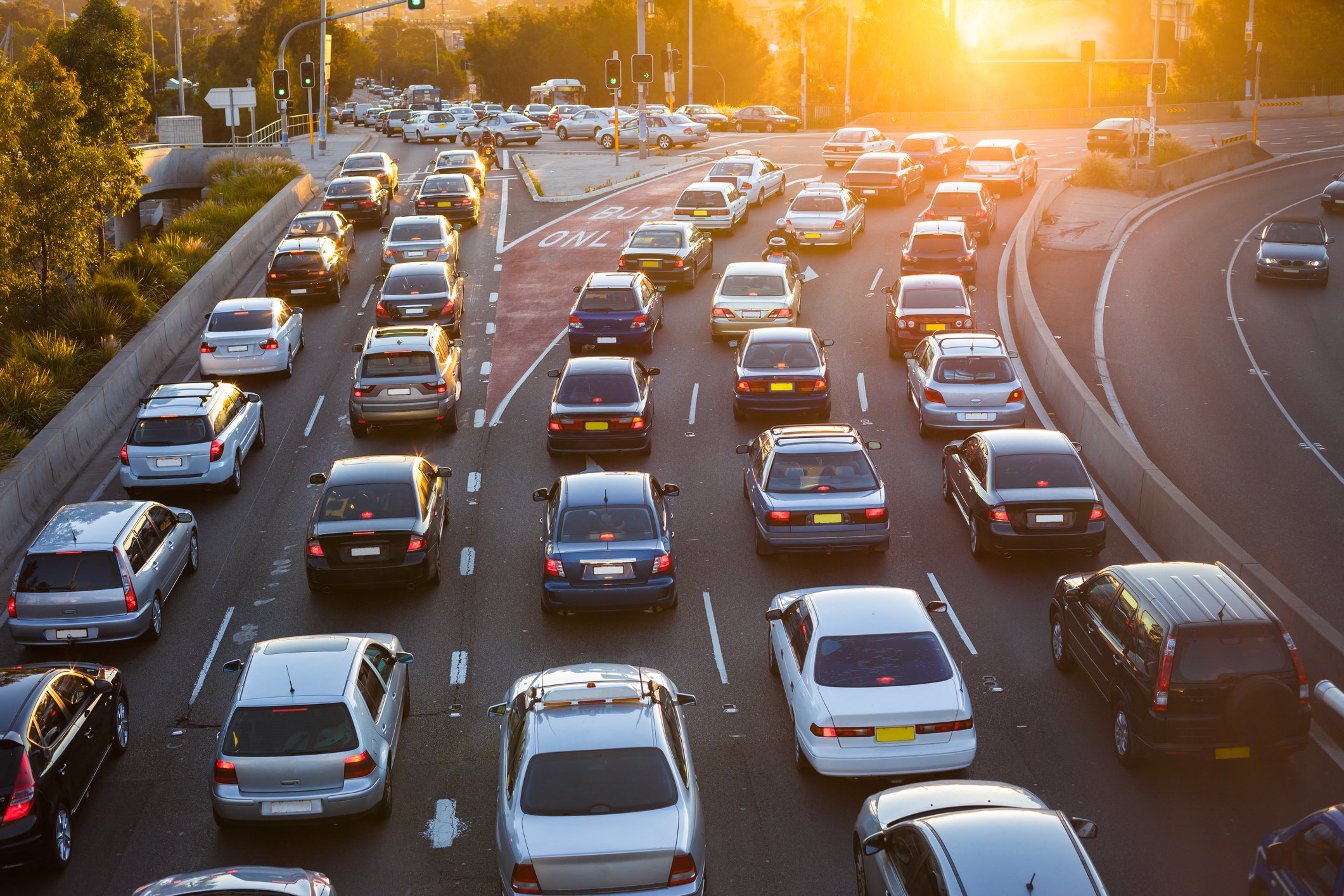 Busy highway full of cars.