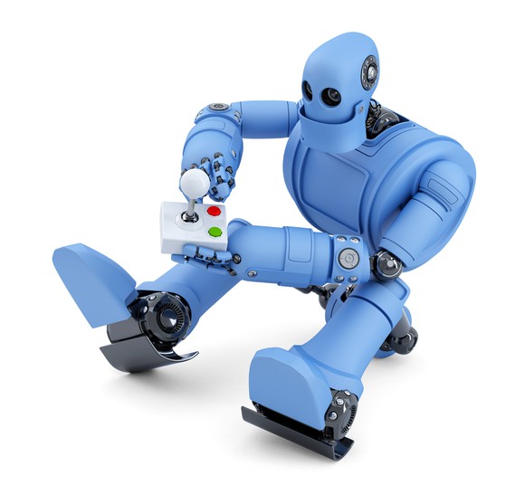A blue robot holding a video game controller