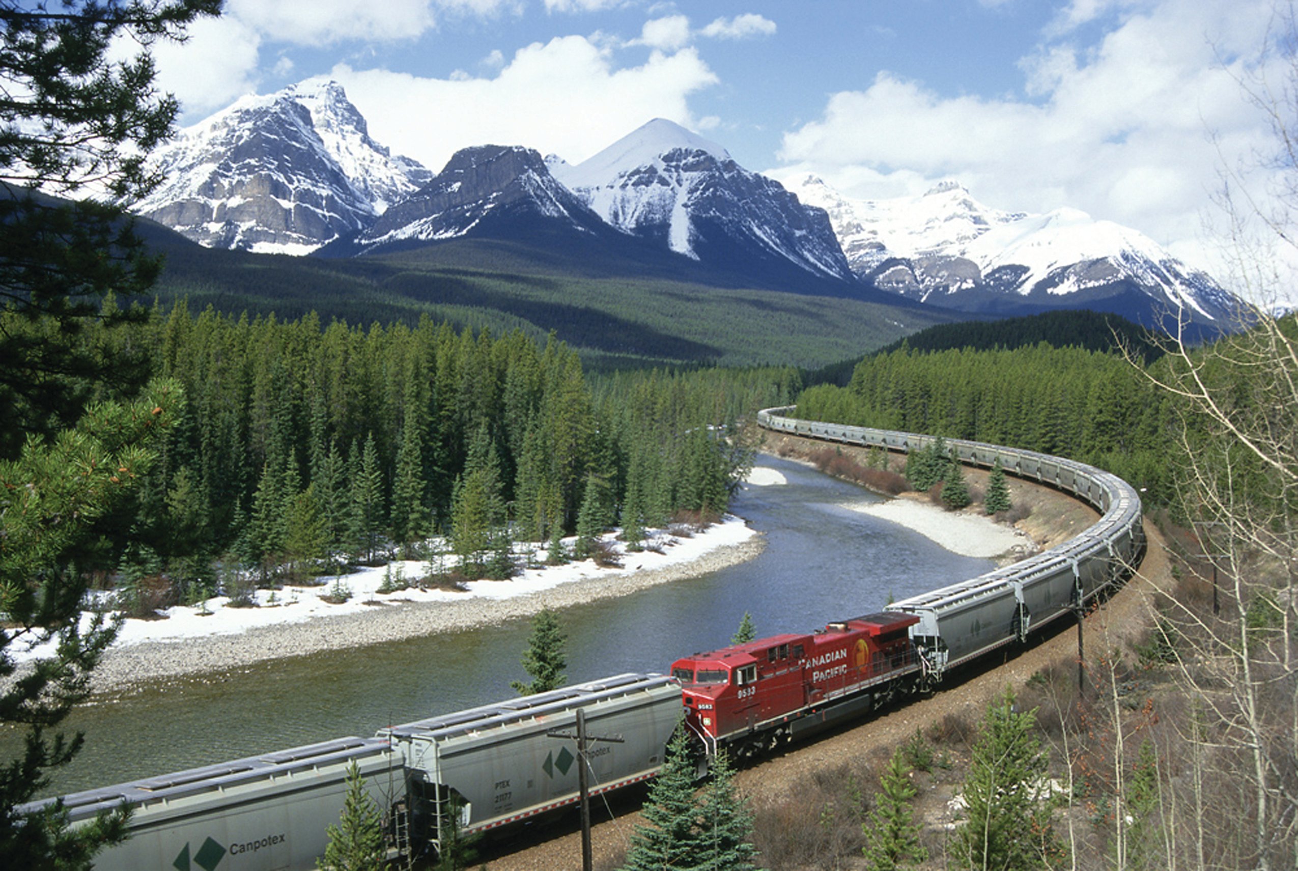 Canadian Pacific train in the mountains.