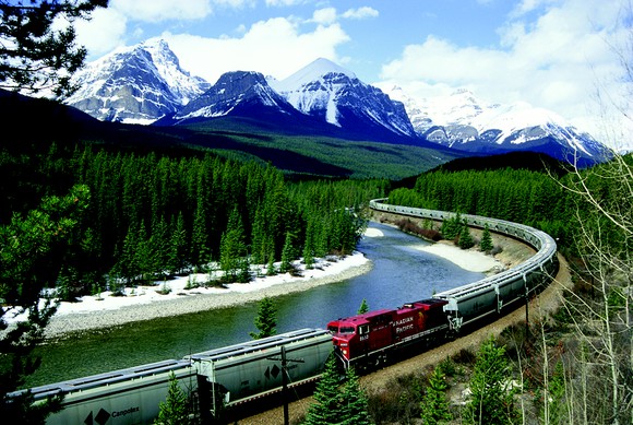 Canadian Pacific train in the mountains.