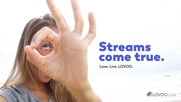 A Woman making the OK sign with her hand and the word live with a red recording dot is between her thumb and pointer. The words streams come true are printed next to her.