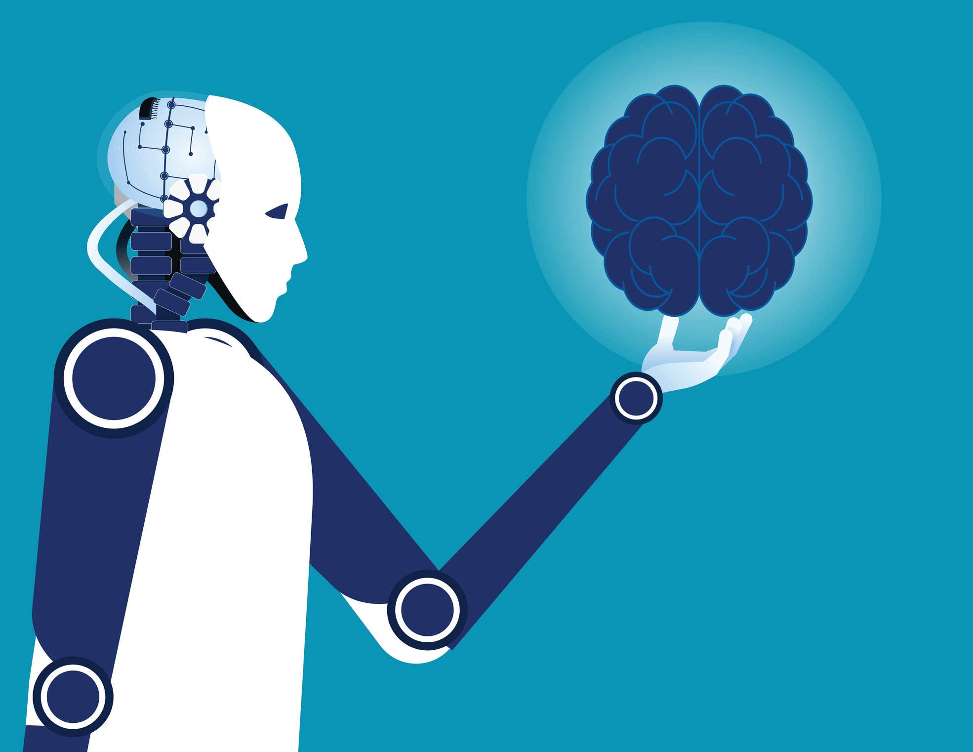 A robot holding the image of a brain.