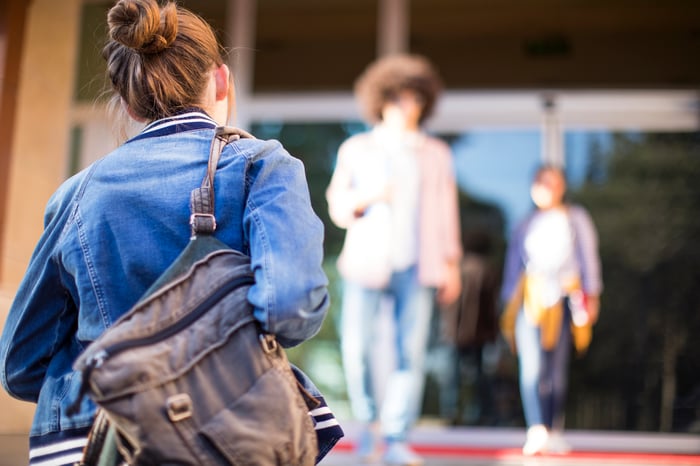 A woman is seen with a backpack.
