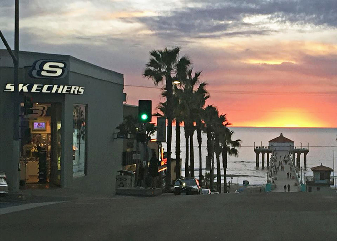 Skechers' flagship store in Manhattan Beach as the sun sets.