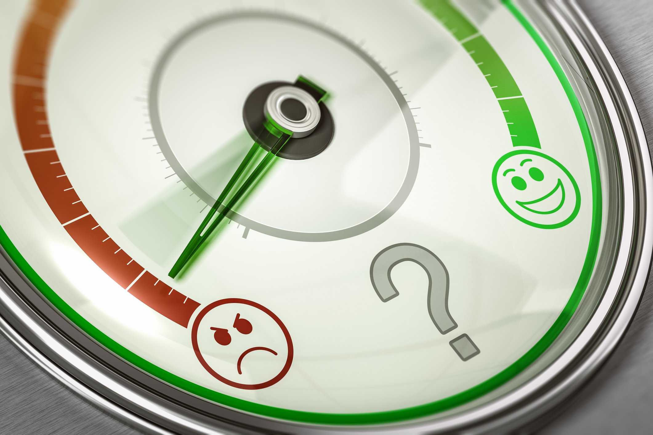 Needle on gauge pointing near unhappy face on left with happy face on right and a question mark in the middle of the gauge