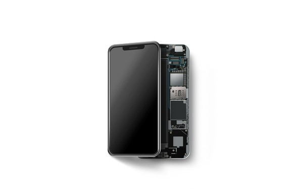 Modern smartphone, cracked open with the screen moved to the side and showing some components inside the shell.