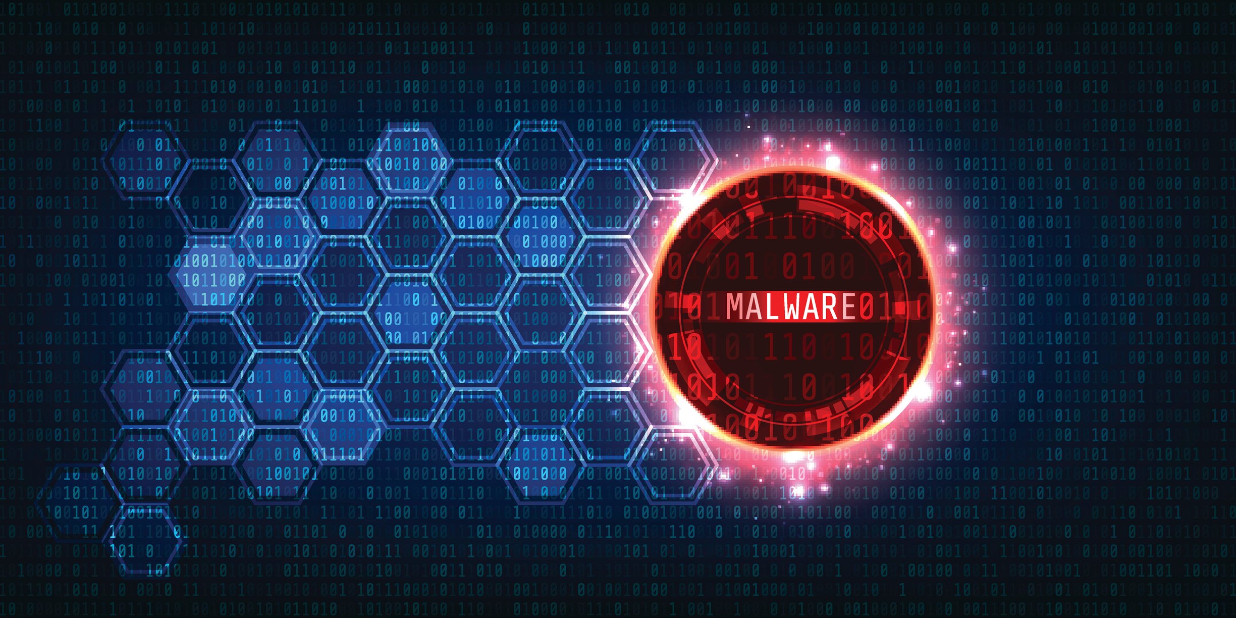 The word malware inside a red circle on a blue background.