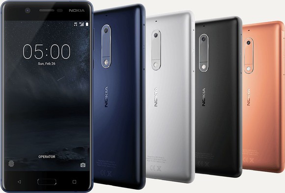 The Nokia 5 smartphone in different colors.
