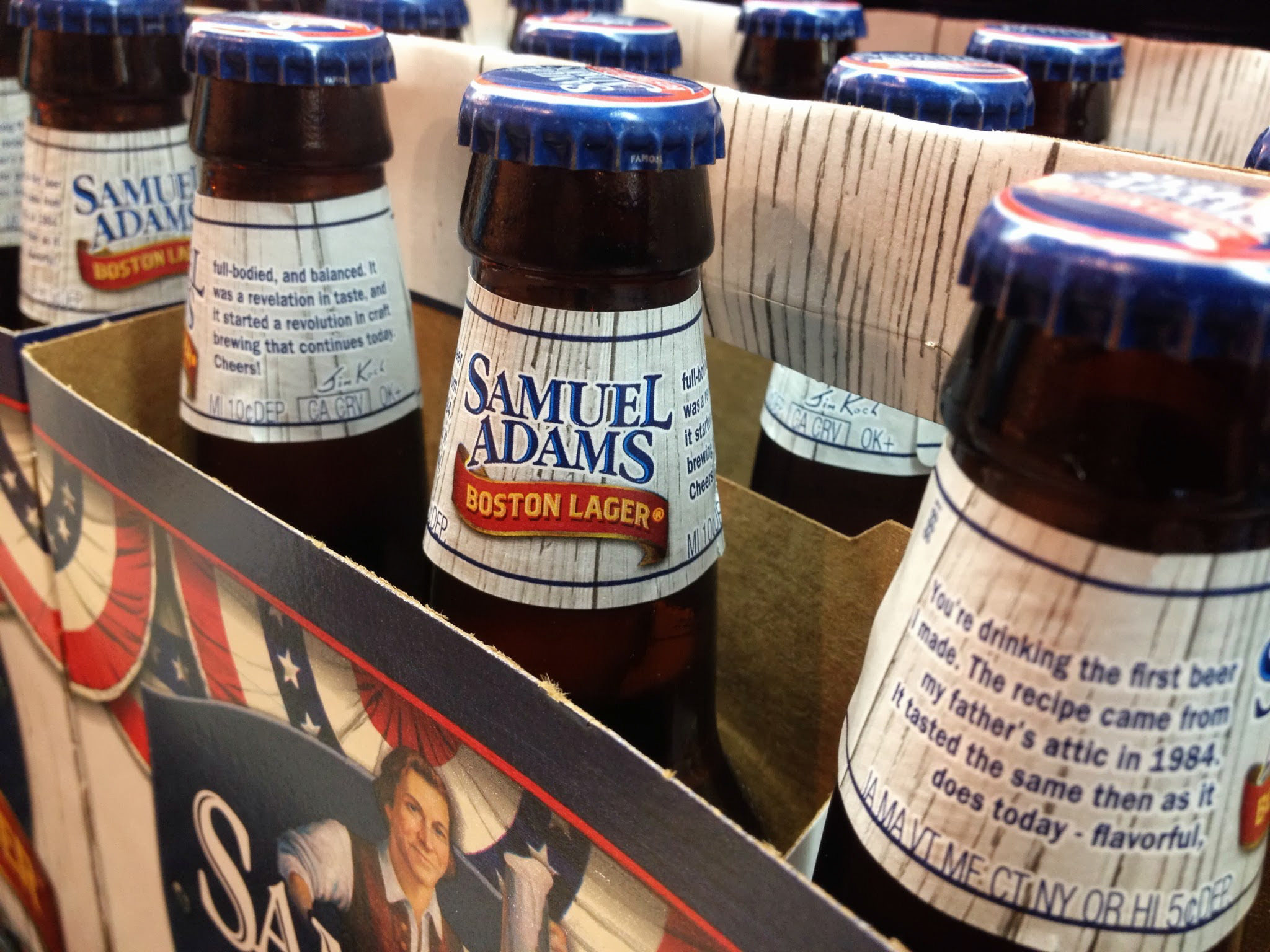 Closeup of six-packs of Samuel Adams Boston Lager