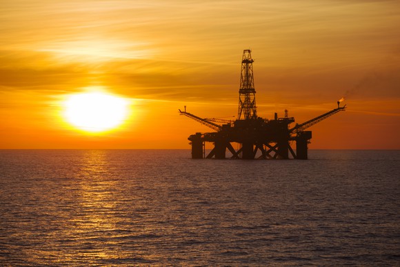 Offshore oil rig at sunset.